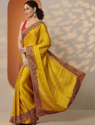 yellow solid chiffon saree with unstitched blouse piece 3