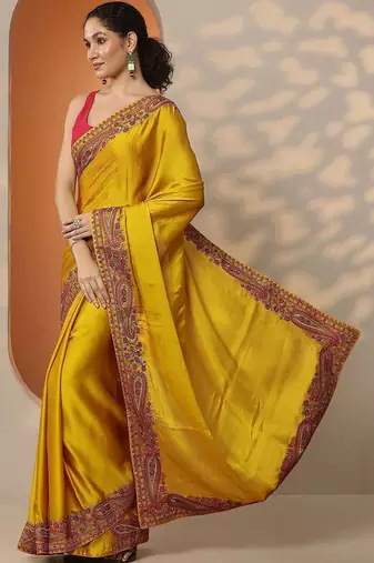 yellow solid chiffon saree with unstitched blouse piece