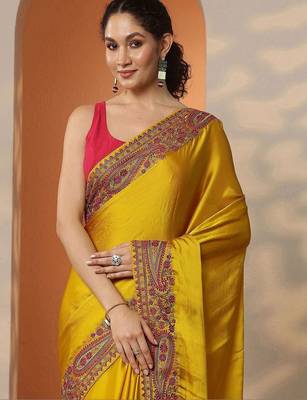 yellow solid chiffon saree with unstitched blouse piece 5