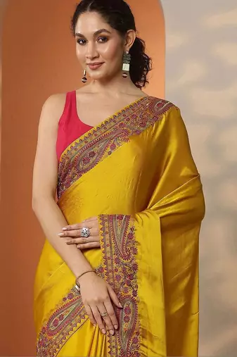 yellow solid chiffon saree with unstitched blouse piece