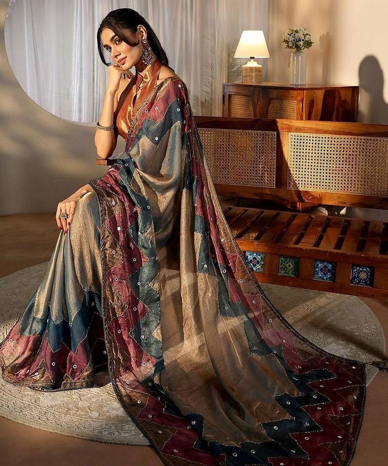 multi mirror work silk blend saree