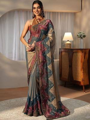 multi mirror work silk blend saree 2