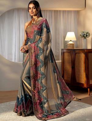 multi mirror work silk blend saree 4