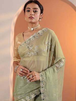 green embellished jimmy choo organza saree with unstitched blouse piece 1