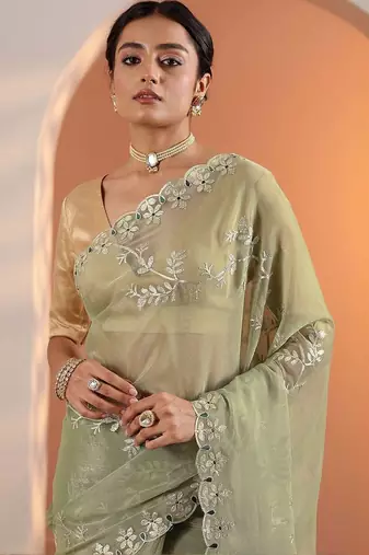 green embellished jimmy choo organza saree with unstitched blouse piece