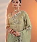 green embellished jimmy choo organza saree with unstitched blouse piece