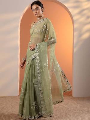 green embellished jimmy choo organza saree with unstitched blouse piece 2