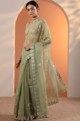 green embellished jimmy choo organza saree with unstitched blouse piece