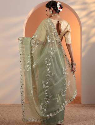green embellished jimmy choo organza saree with unstitched blouse piece 3