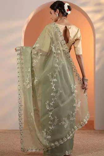 green embellished jimmy choo organza saree with unstitched blouse piece
