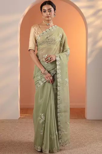 green embellished jimmy choo organza saree with unstitched blouse piece