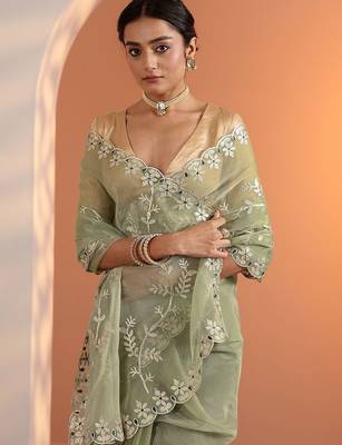 green embellished jimmy choo organza saree with unstitched blouse piece 5