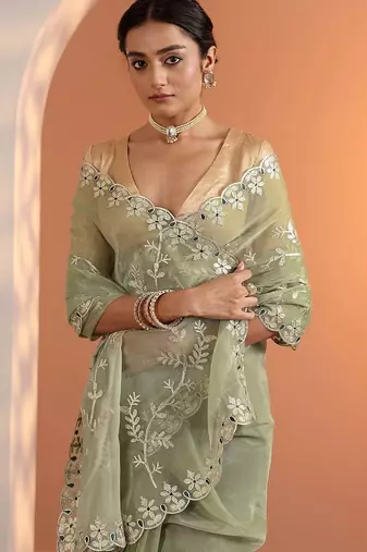 green embellished jimmy choo organza saree with unstitched blouse piece