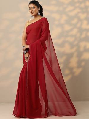 maroon solid georgette saree with unstitched blouse piece 4