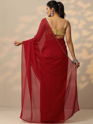 maroon solid georgette saree with unstitched blouse piece 5