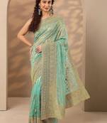 turquoise blue embroidered nylon saree with unstitched blouse piece