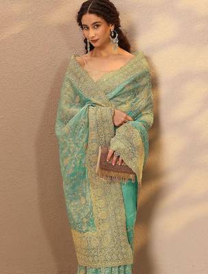 turquoise blue embroidered nylon saree with unstitched blouse piece 3