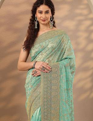 turquoise blue embroidered nylon saree with unstitched blouse piece 5