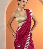 Magenta pink embroidered jimmy choo organza saree with unstitched blouse piece