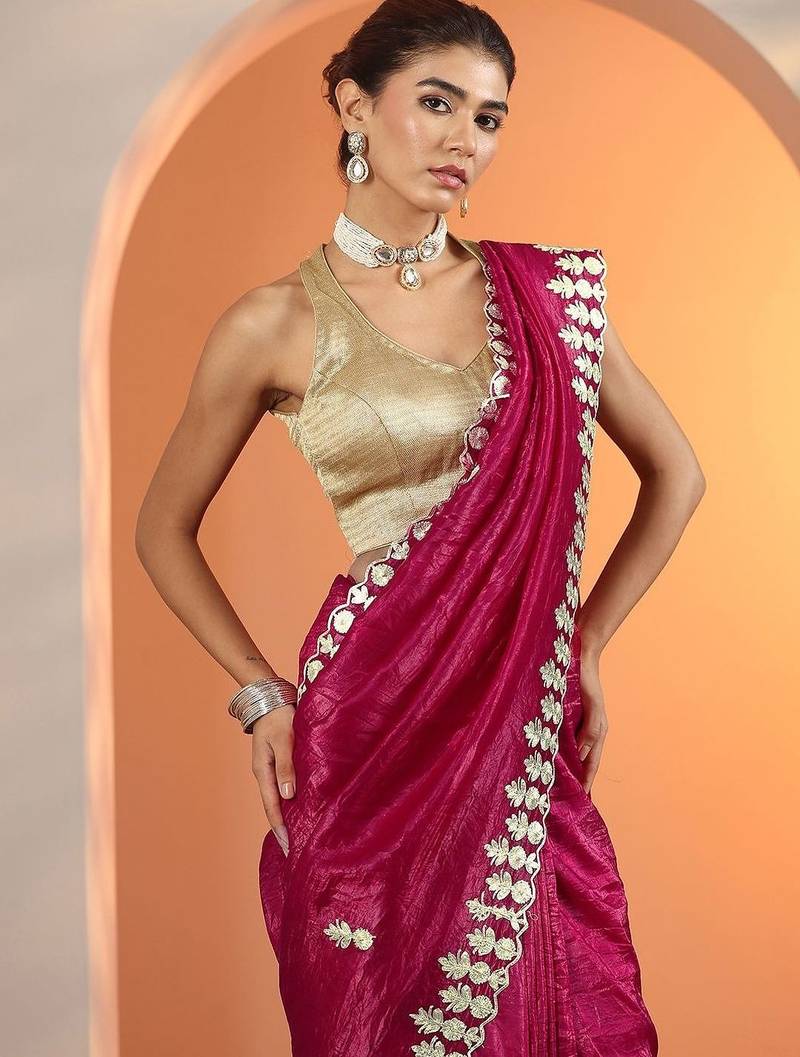 Magenta pink embroidered jimmy choo organza saree with unstitched blouse piece