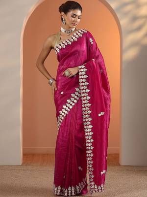 Magenta pink embroidered jimmy choo organza saree with unstitched blouse piece 2