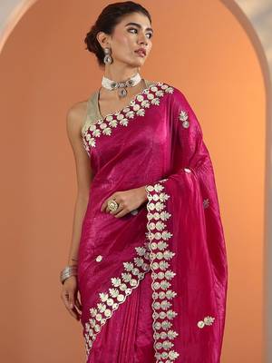 Magenta pink embroidered jimmy choo organza saree with unstitched blouse piece 5