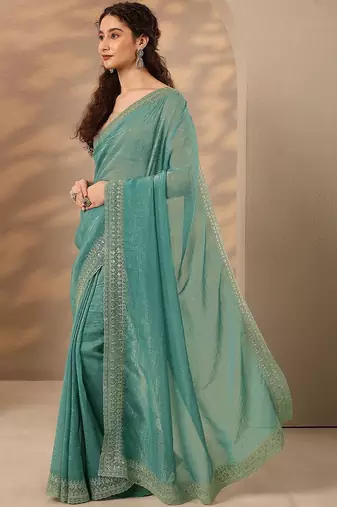 sea green embellished saree with unstitched blouse piece