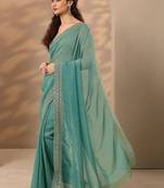 sea green embellished saree with unstitched blouse piece