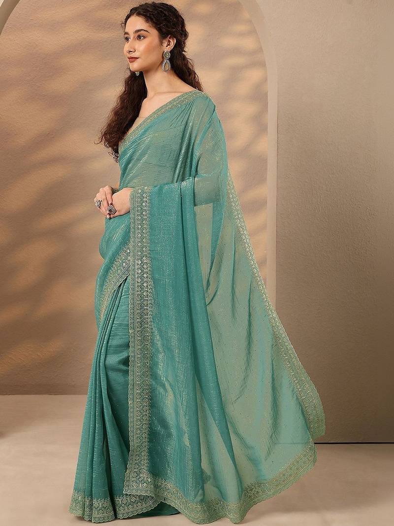 sea green embellished saree with unstitched blouse piece