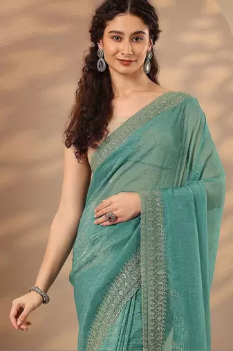 sea green embellished saree with unstitched blouse piece