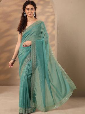 sea green embellished saree with unstitched blouse piece 5