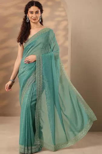 sea green embellished saree with unstitched blouse piece