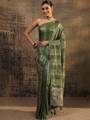 olive woven design saree with unstitched blouse piece 1