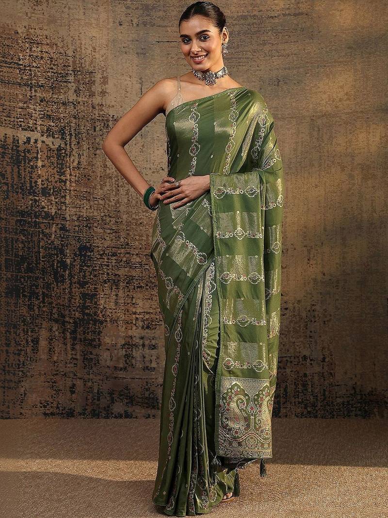olive woven design saree with unstitched blouse piece