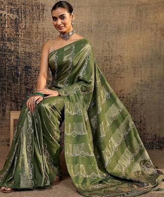 olive woven design saree with unstitched blouse piece 2