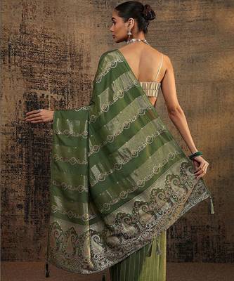 olive woven design saree with unstitched blouse piece 3