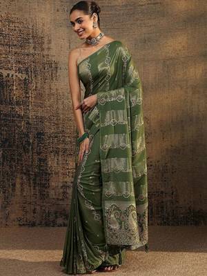 olive woven design saree with unstitched blouse piece 4