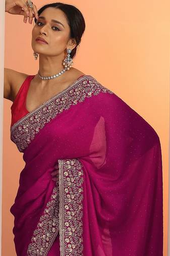 pink embellished saree with unstitched blouse piece