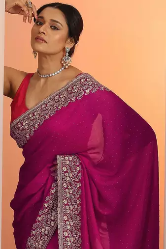 pink embellished saree with unstitched blouse piece
