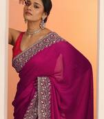 pink embellished saree with unstitched blouse piece