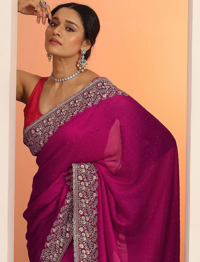 pink embellished saree with unstitched blouse piece