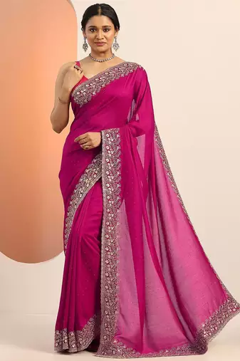 pink embellished saree with unstitched blouse piece