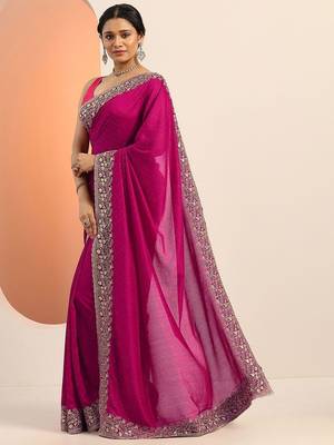 pink embellished saree with unstitched blouse piece 3