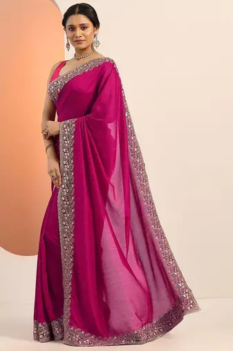pink embellished saree with unstitched blouse piece