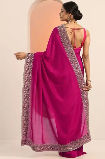 pink embellished saree with unstitched blouse piece