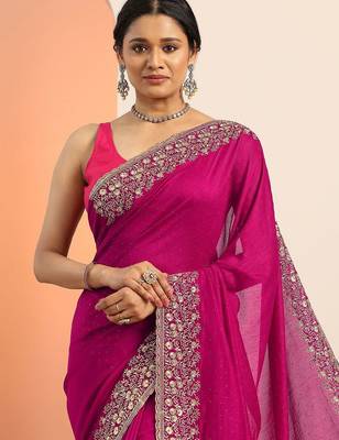 pink embellished saree with unstitched blouse piece 5