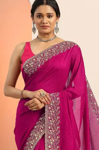 pink embellished saree with unstitched blouse piece