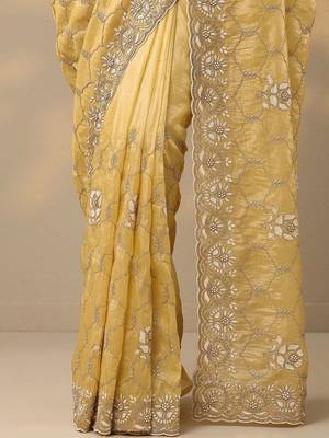 yellow embroidered organza saree with unstitched blouse piece 5