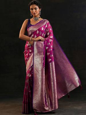 magenta woven design banarasi silk blend saree with unstitched blouse piece 2