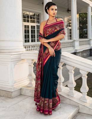 navy blue solid cotton blend saree with unstitched blouse piece 1